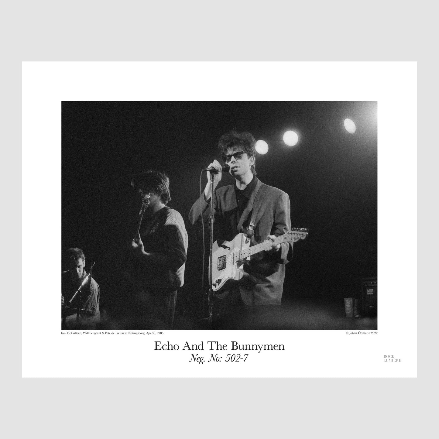 Echo And The Bunnymen. Ian McCulloch, Will Sergeant and Pete de Freitas at Kolingsborg, Sweden, Apr 30, 1985, shot by Johan Ödmann. Original film negative digital printed using archival pigment ink on archival cotton based paper. Rock Lumiere Editions offer beautiful Rock Photography Posters and Limited Edition Fine Art Prints in different sizes. Worldwide shipping.