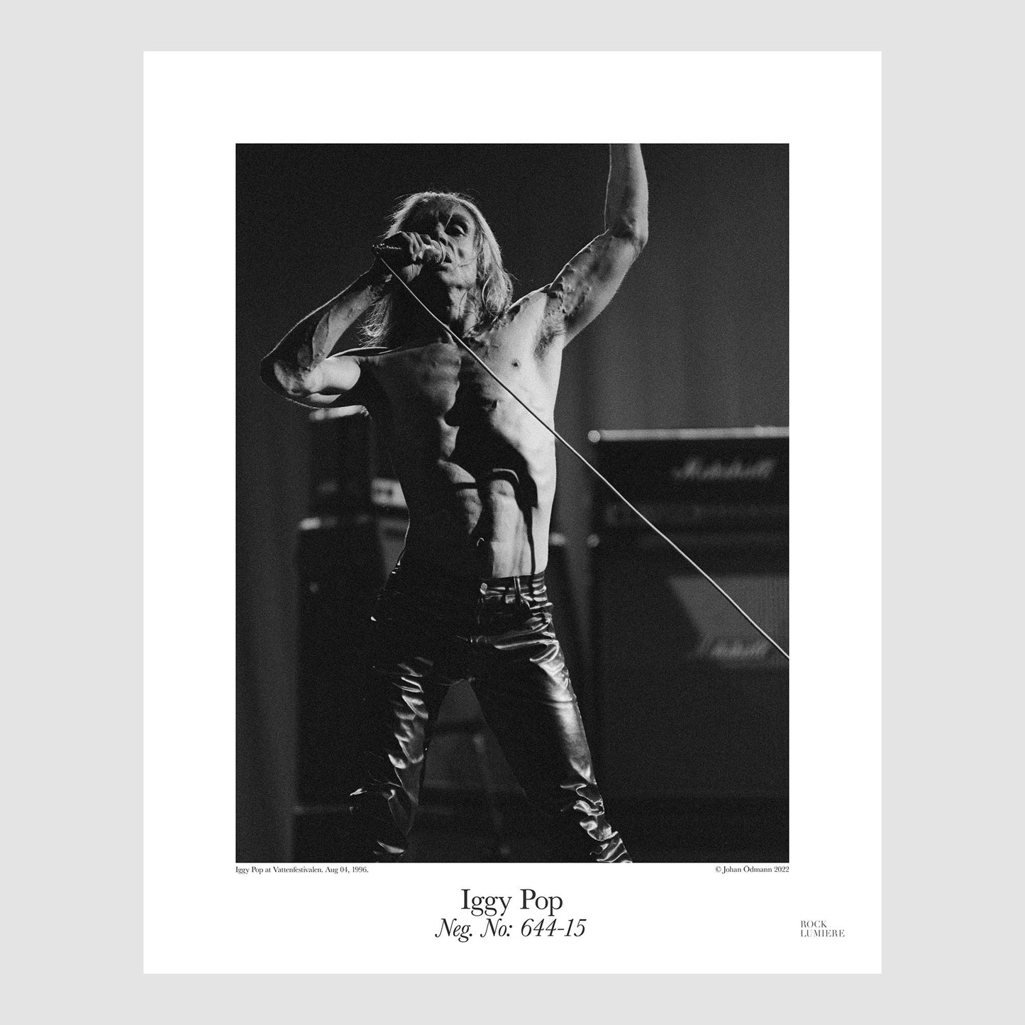 Iggy Pop onstage at Water Festival, Sweden, Aug 04, 1996. Photograph by Johan Ödmann. Rock Lumiere Editions offer beautiful Rock Photography Posters and Limited Edition Fine Art Prints. Choose among unique b/w photographs of legendary artists and bands. Rock, Classic Rock, Swedish Garage Rock, Heavy Metal, NWOBHM, Goth, Pop, Blues, Paisley Underground. Order your favorite music photography today. Worldwide shipping.