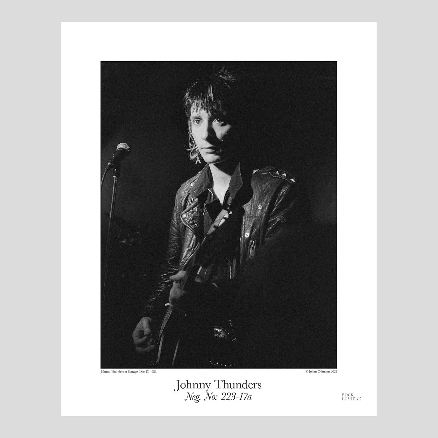 Johnny Thunders onstage at Garage, Stockholm Dec 27, 1983. Photograph by Johan Ödmann. Rock Lumiere Editions offer beautiful Rock Photography Posters and Limited Edition Fine Art Prints. Choose among unique b/w photographs of legendary artists and bands. Order your favorite music photography today. Worldwide shipping.