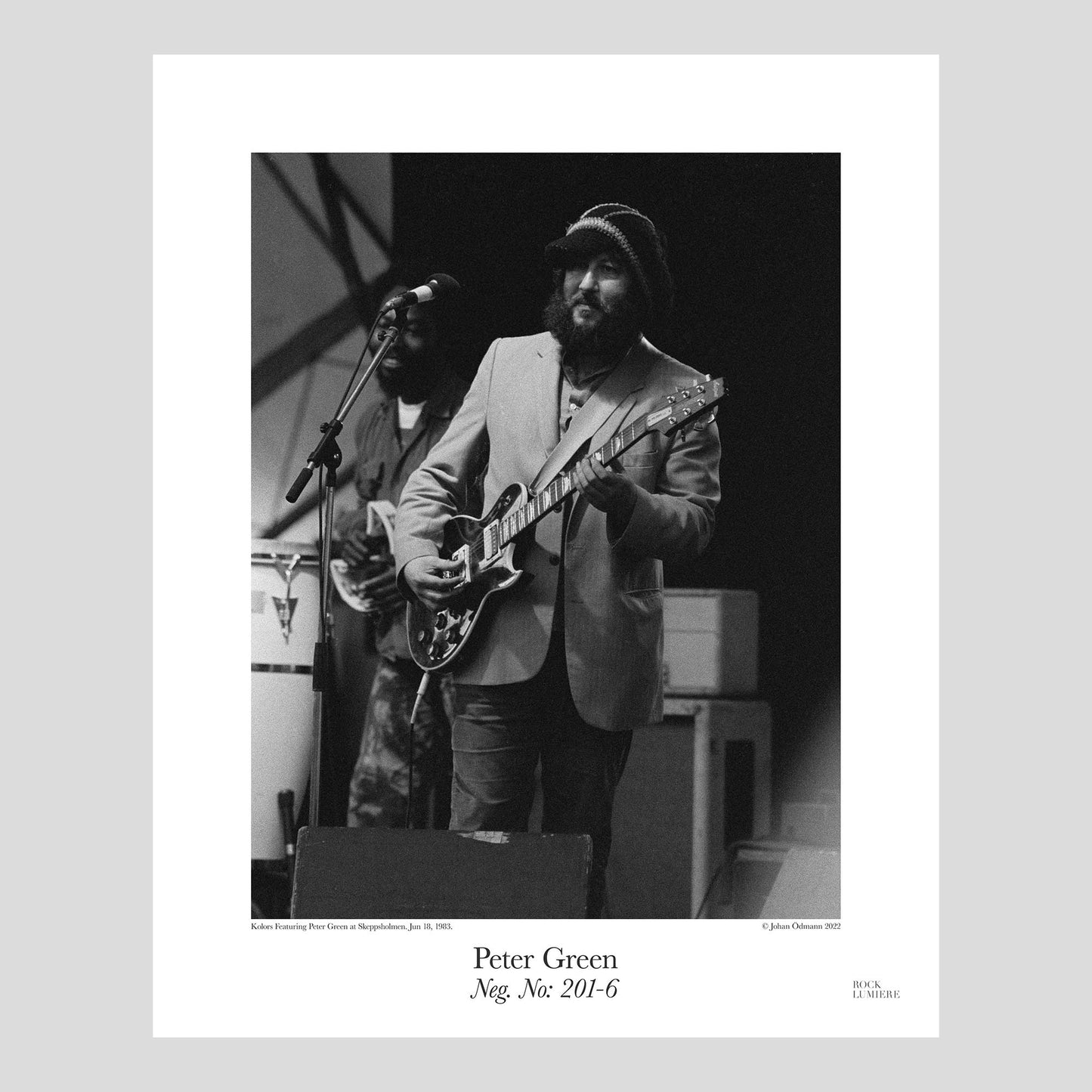 Kolors Featuring Peter Green on stage at Skeppsholmen, Sweden, Jun 18, 1983. Photograph by Johan Ödmann. Rock Lumiere Editions offer beautiful Rock Photography Posters and Limited Edition Fine Art Prints. Choose among unique b/w photographs of legendary artists and bands. Order today. Worldwide shipping.