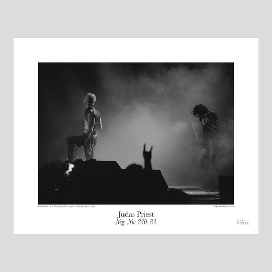 Rob Halford, K. K. Downing, Glenn Tipton live on stage with Judas Priest at Isstadion, Stockholm, Sweden, Jan 21, 1984. Neg. No: 230-83. Photography by Johan Ödmann.